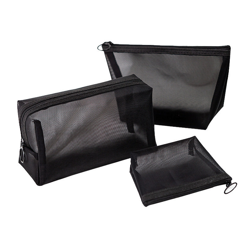 Black mesh zipper pouches arranged on a plain white surface to show the different sizes together.