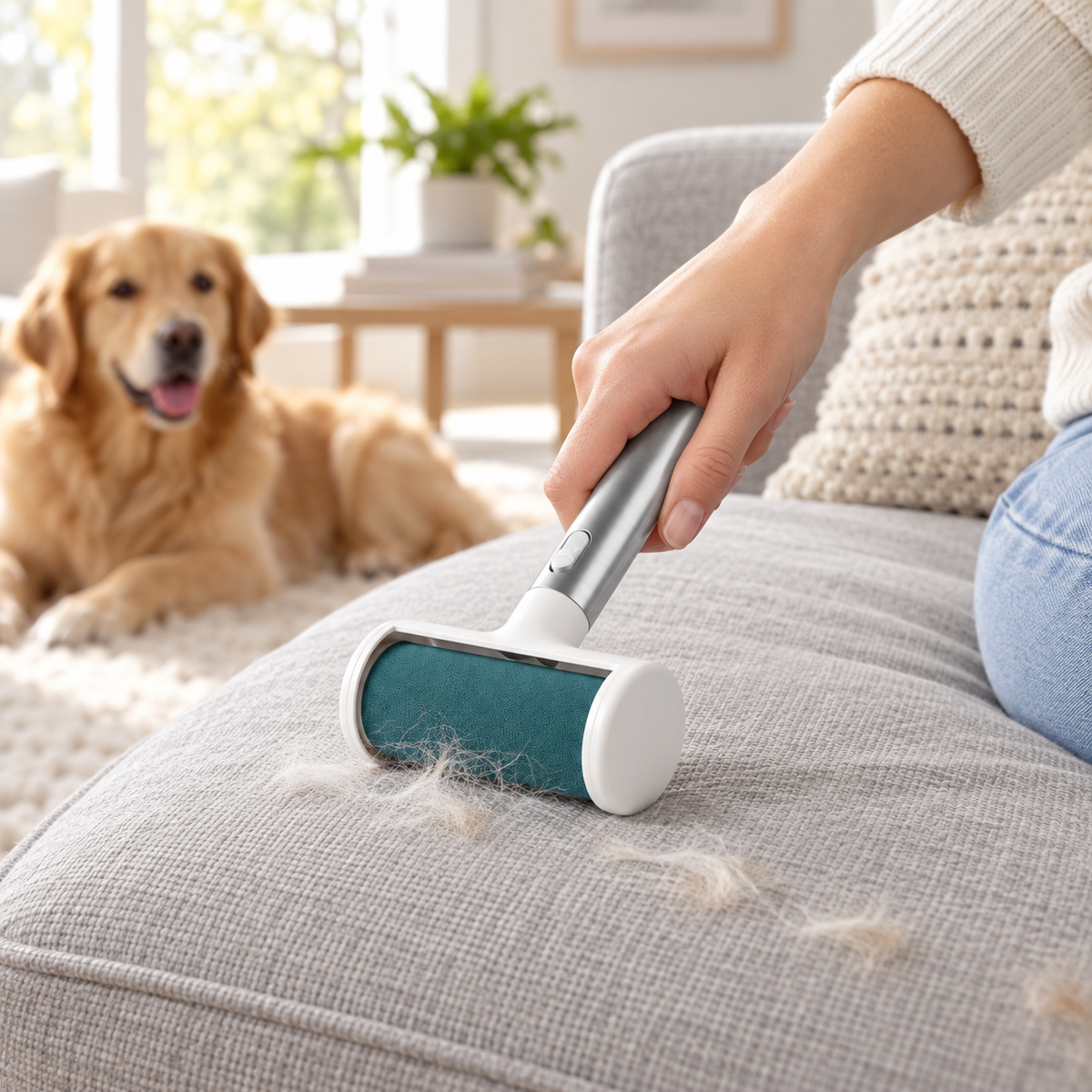 White and teal pet hair roller, one of the three items in the Pet Starter Bundle; sofa is not included.