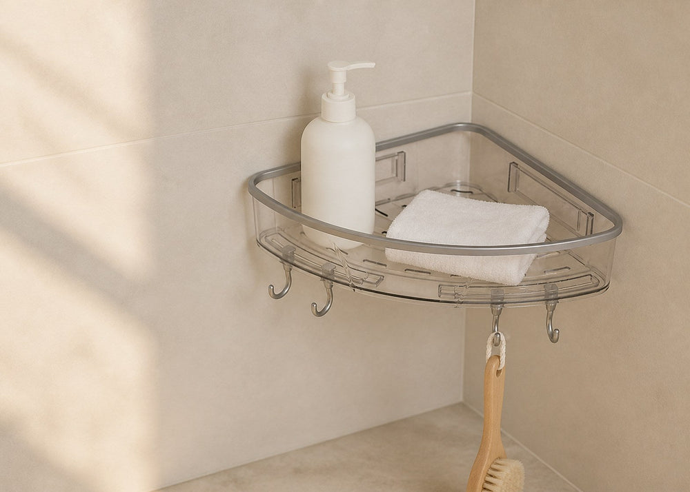 Clear transparent corner bathroom shelf with a grey trim and hooks holding a bottle and cloth in a tiled bathroom corner