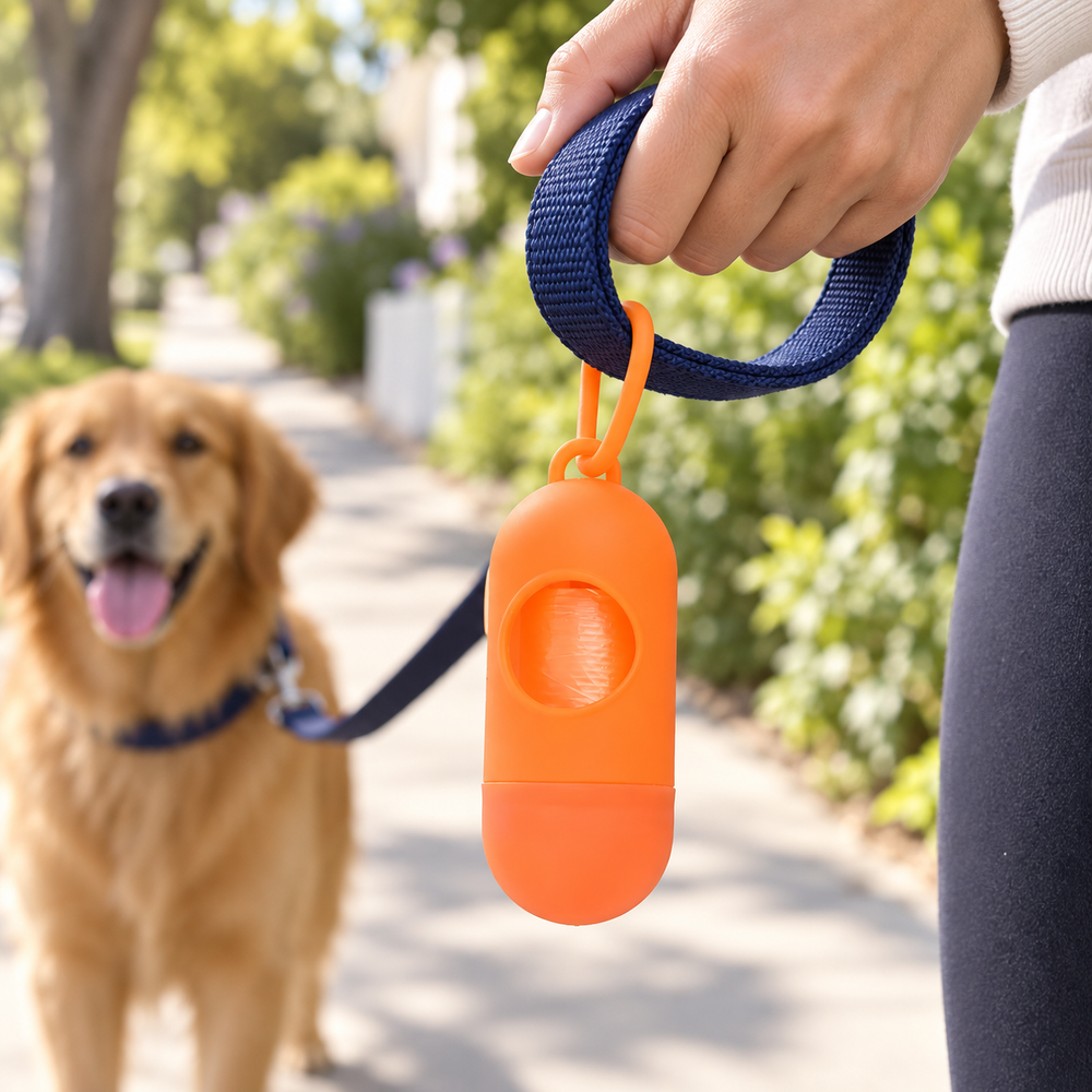 Dog waste bag holder on a walk; styling props not included
