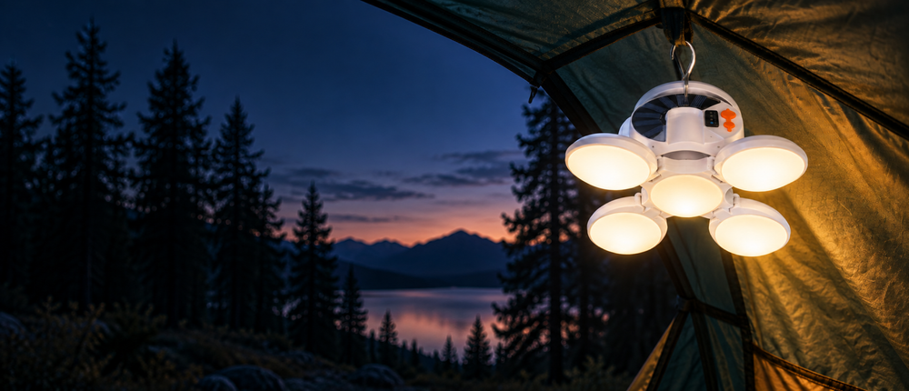 Folding LED camping light illuminating a tent at twilight