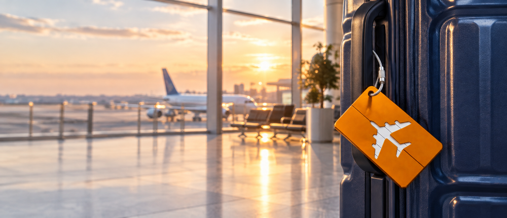 Aluminum luggage tag attached to a suitcase in an airport