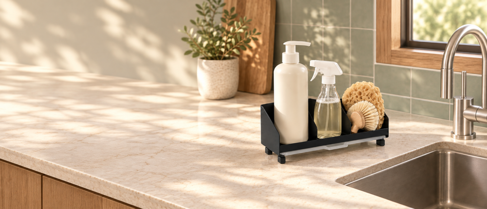 Kitchen sink caddy organizing soap, a sponge and a brush beside a sink; supplies not included