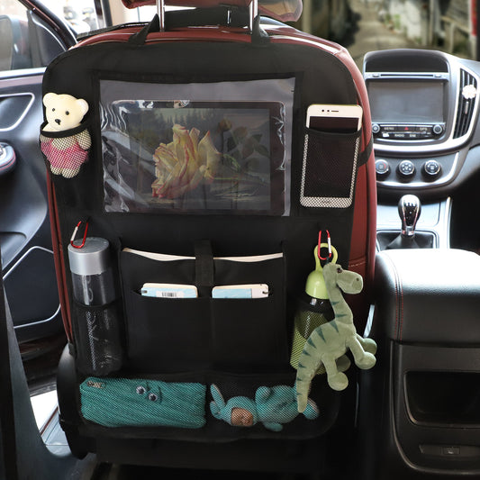 Black Oxford fabric car back seat organizer strapped to a seat holding a tablet and toys; contents and seat not included.