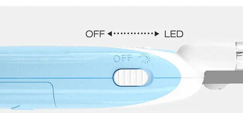 Close-up of the blue and white LED pet nail clipper showing its OFF and LED switch positions on a white background.