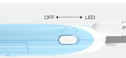 Close-up of the blue and white LED pet nail clipper showing its OFF and LED switch positions on a white background.