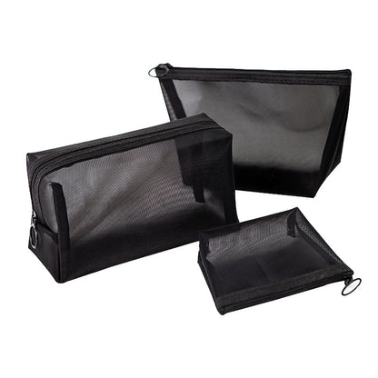 Black mesh zipper pouches arranged on a plain white surface to show the different sizes together.