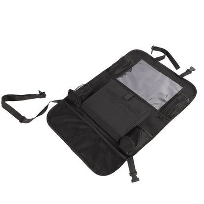 Black car back seat organizer laid flat on a plain white background to show its pockets.