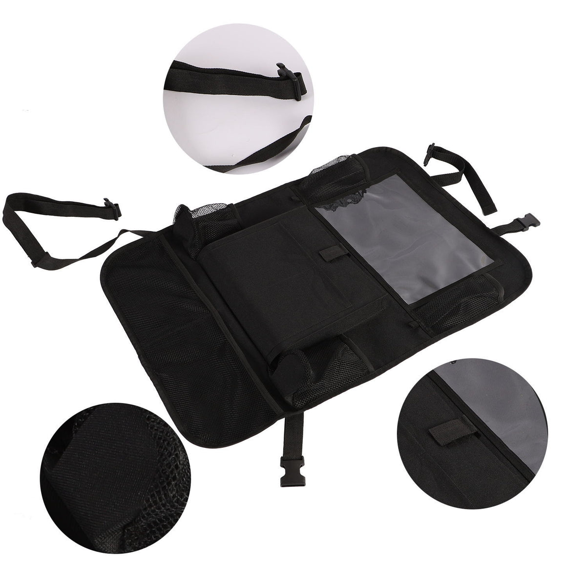 Black polyester and mesh back seat organizer laid flat at an angle with feature callouts on a white background.