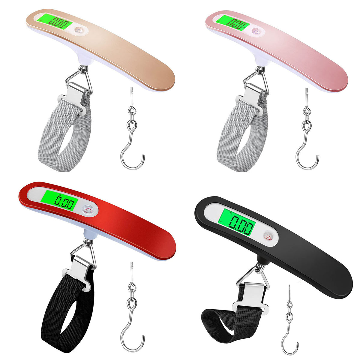 Four digital luggage scales in gold, rose gold, red and black shown side by side with their hooks on white.