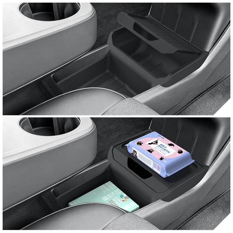 Black center console storage tray sitting inside a car console with wipes and small items organized; contents not included.