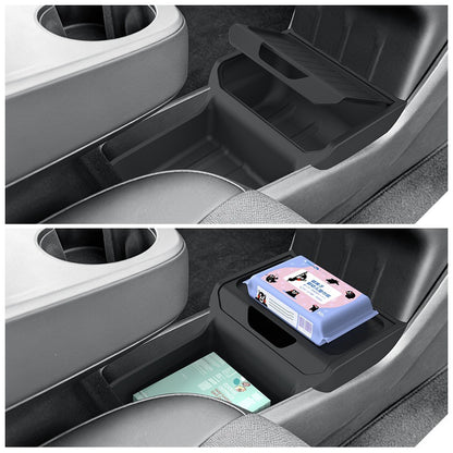 Black center console storage tray sitting inside a car console with wipes and small items organized; contents not included.