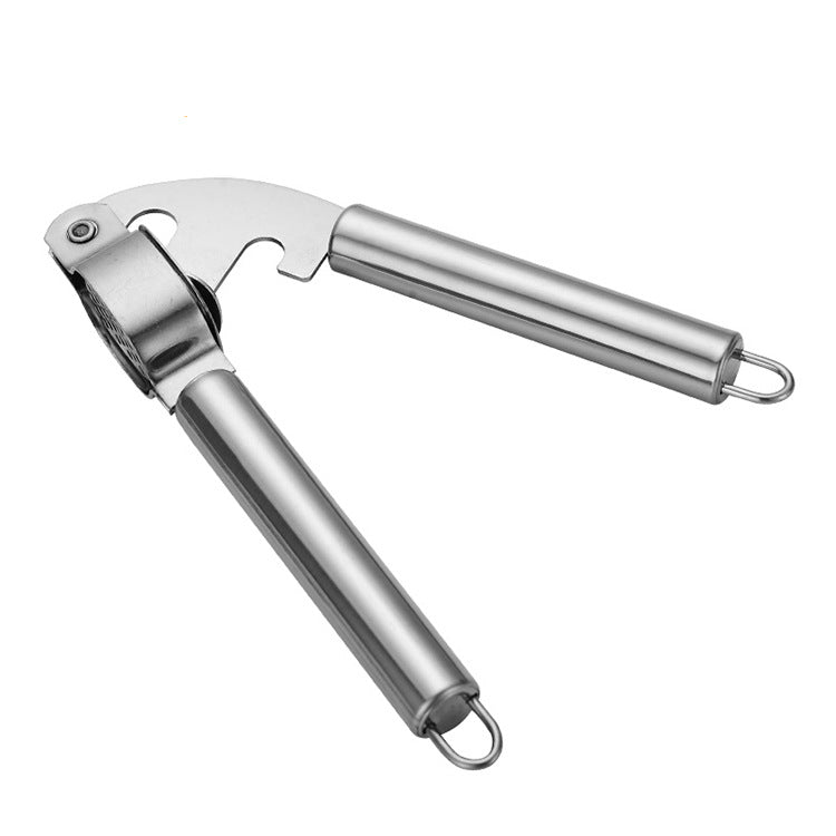 Silver stainless steel garlic press with its handles open on a plain white background.