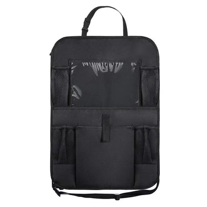 Black fabric and mesh car back seat organizer shown from the front against a plain white studio background.