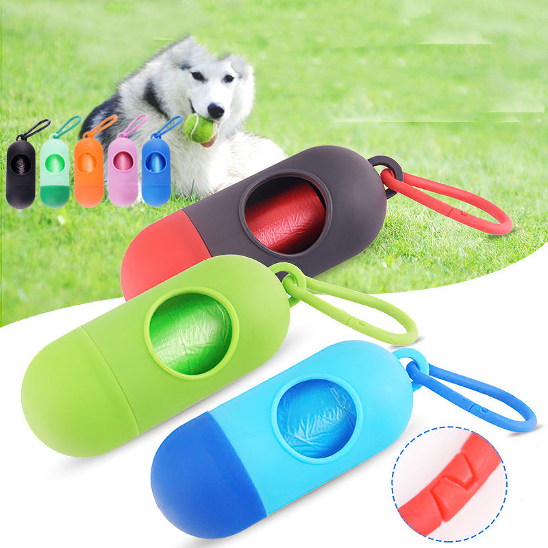 Bone-shaped dog waste bag dispenser shown with a dog and a tennis ball in a park; dog, ball and park not included.