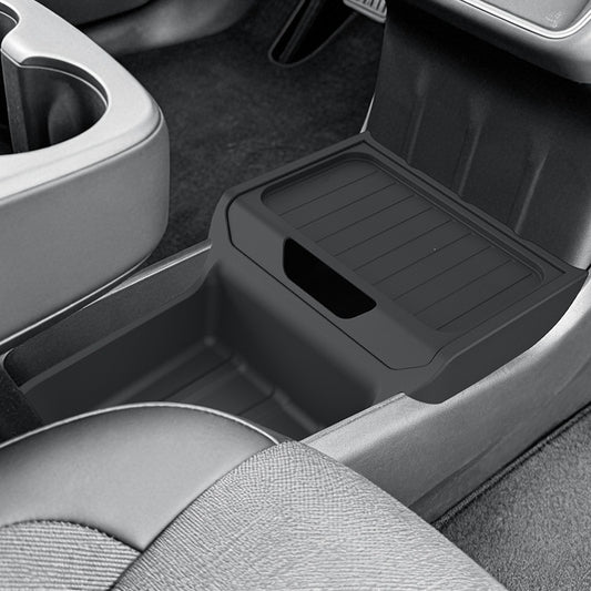 Black center console organizer tray fitted into a car console to keep small items tidy; car interior not included.