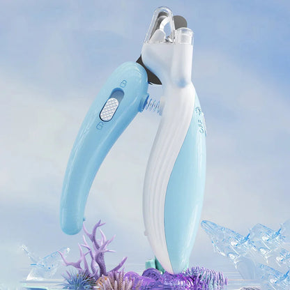 Light blue and white LED pet nail clipper shown upright against a decorative underwater-style background.