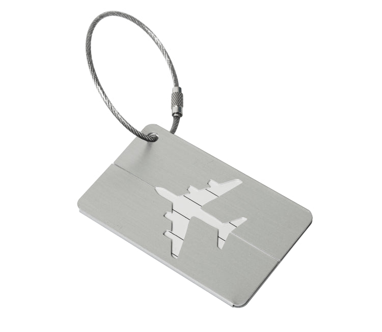 Silver aluminum luggage tag shown at an angle against a plain white background.