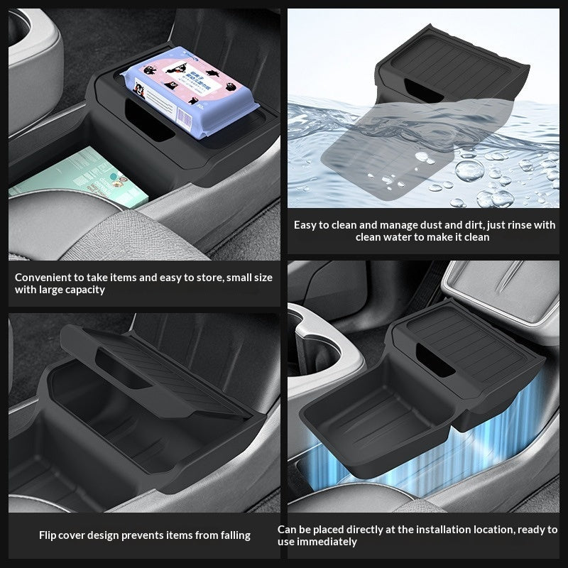 Black silicone center console tray holding small items in a car and shown being rinsed; car interior not included.