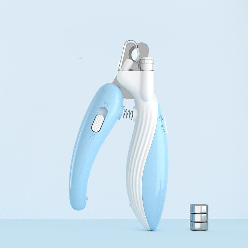 Light blue and white LED pet nail clipper standing upright on a plain light blue surface.