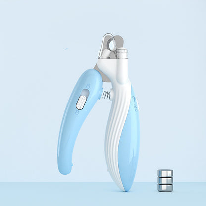 Light blue and white LED pet nail clipper standing upright on a plain light blue surface.