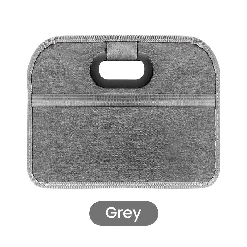 Grey fabric foldable car storage organizer shown from the front against a plain white background.