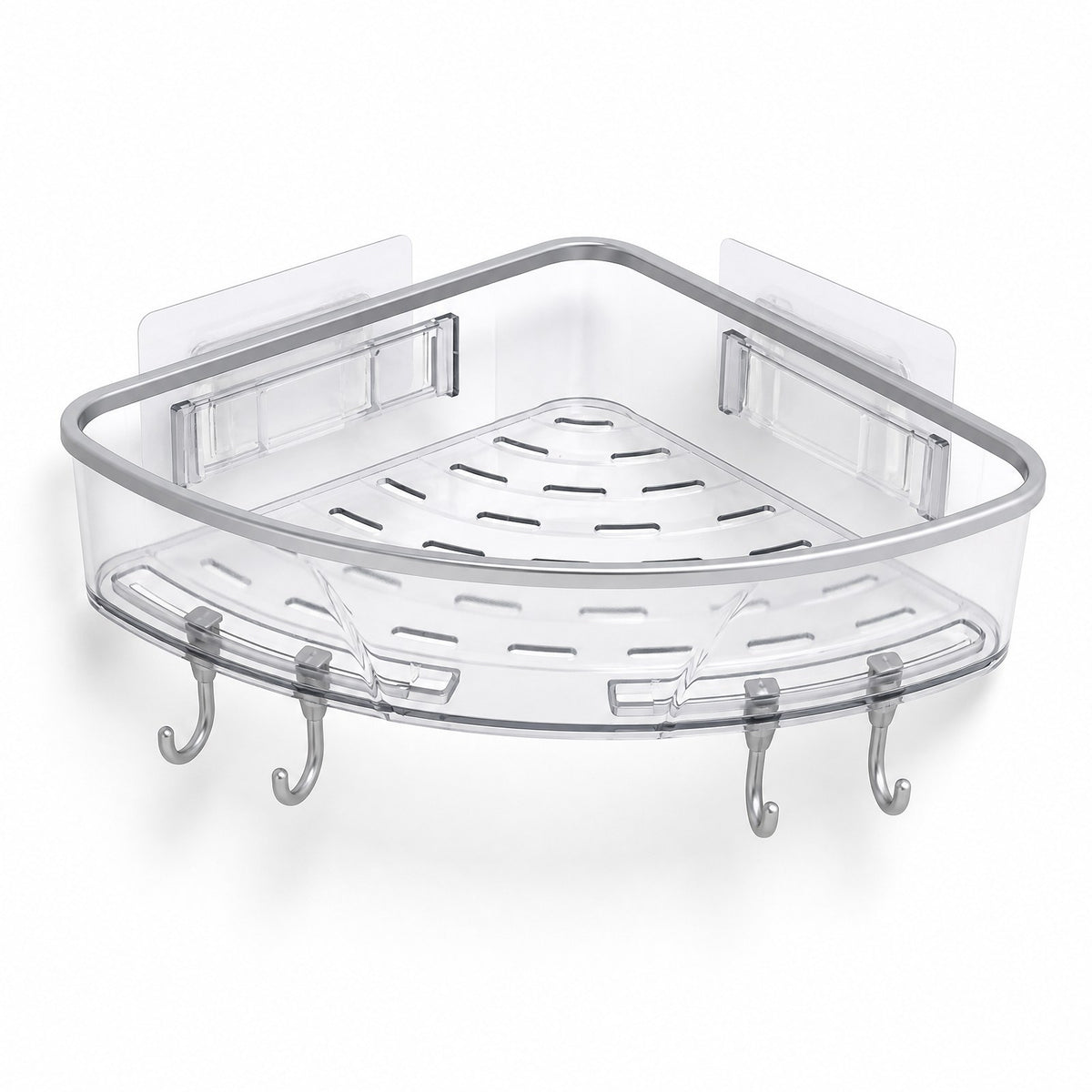 Clear transparent corner bathroom shelf with a grey trim and four hooks, empty, on a white background