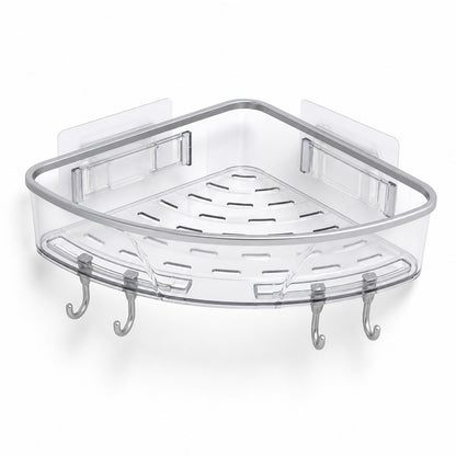 Clear transparent corner bathroom shelf with a grey trim and four hooks, empty, on a white background
