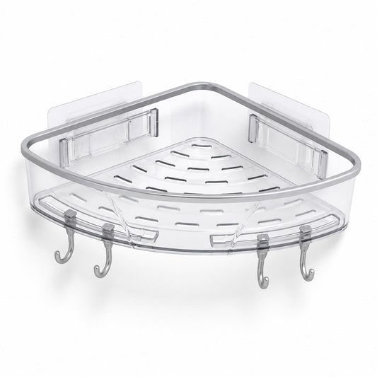 Clear transparent corner bathroom shelf with a grey trim and four hooks, empty, on a white background