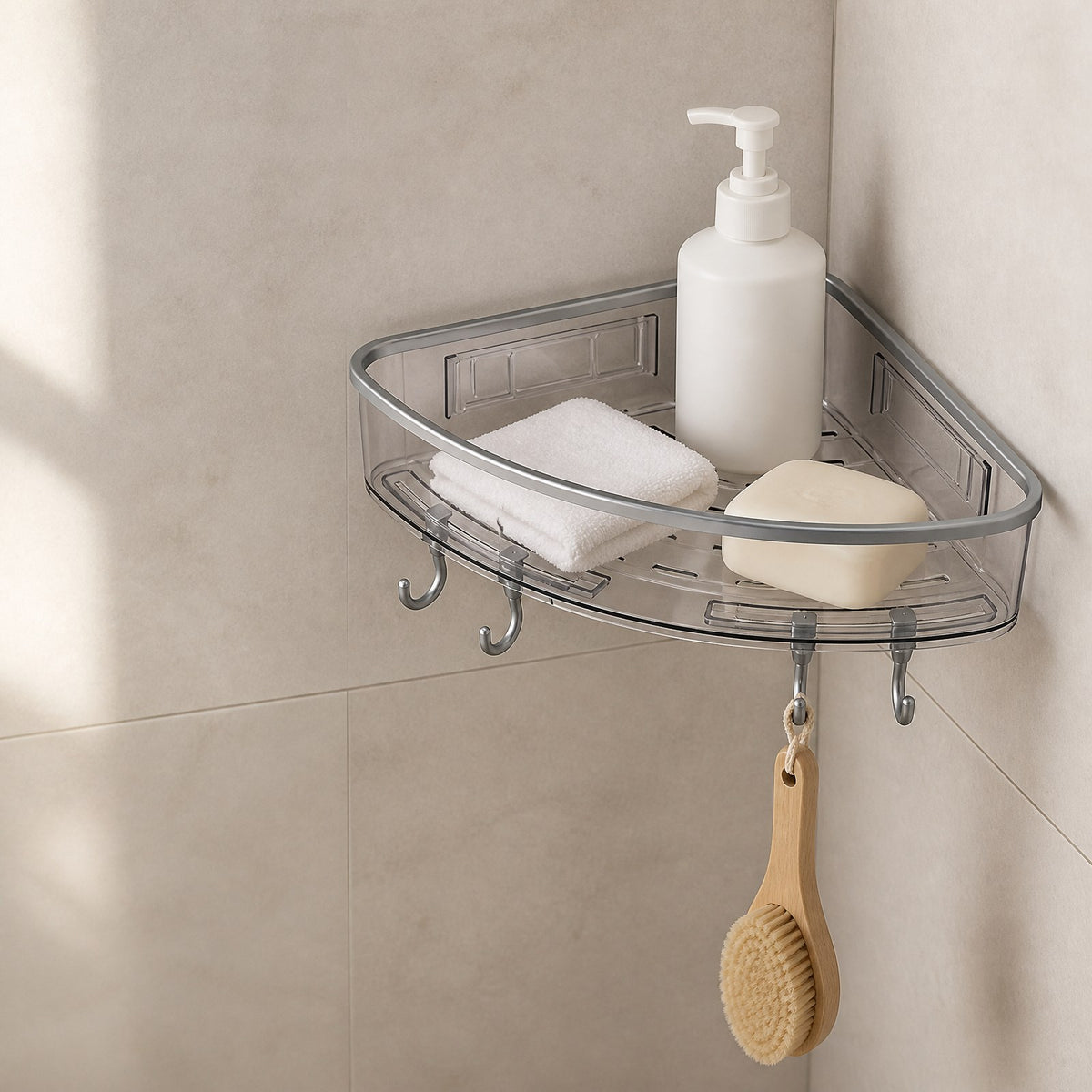 Transparent corner shower shelf holding a blank bottle and face cloth, fitted in a tiled wall corner