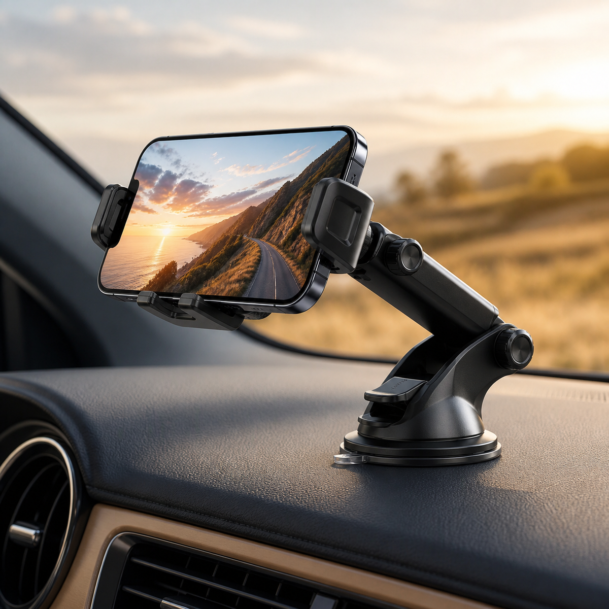 Suction Car Phone Mount adjusted for landscape viewing