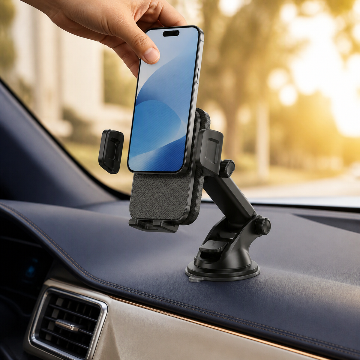 Hand placing a smartphone into the open clamp cradle