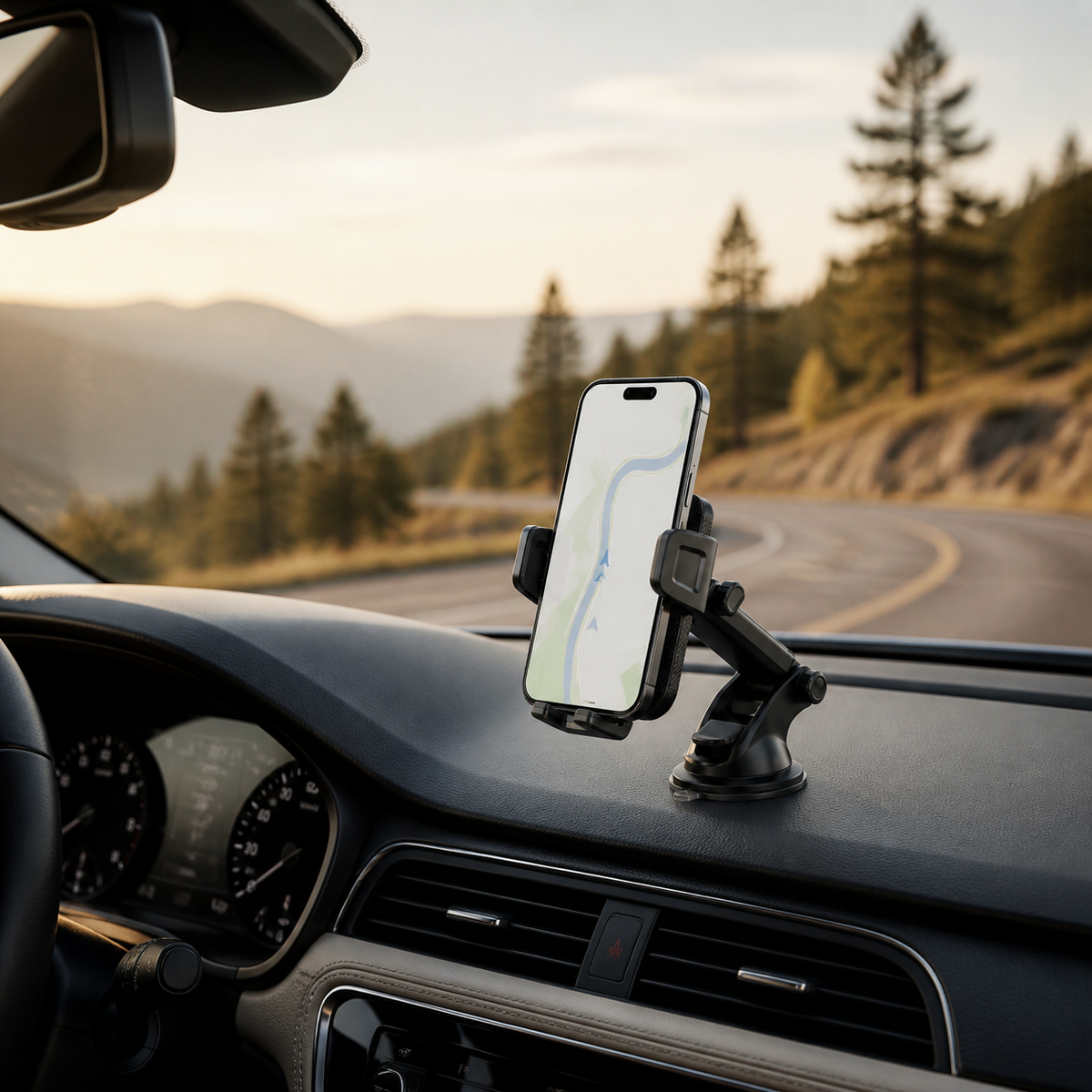 Adjustable suction Car Phone Mount holding a navigation screen