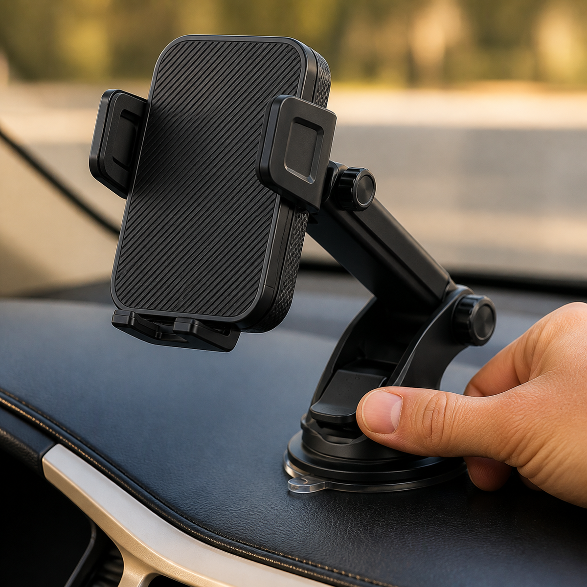Thumb pressing the suction base locking lever on a dashboard