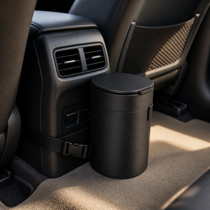 Compact Car Trash Bin secured behind the center console