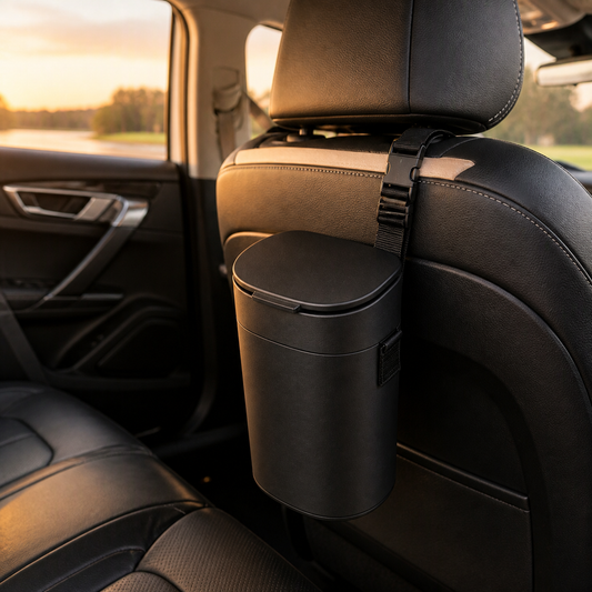 Compact black Car Trash Bin secured behind a front headrest