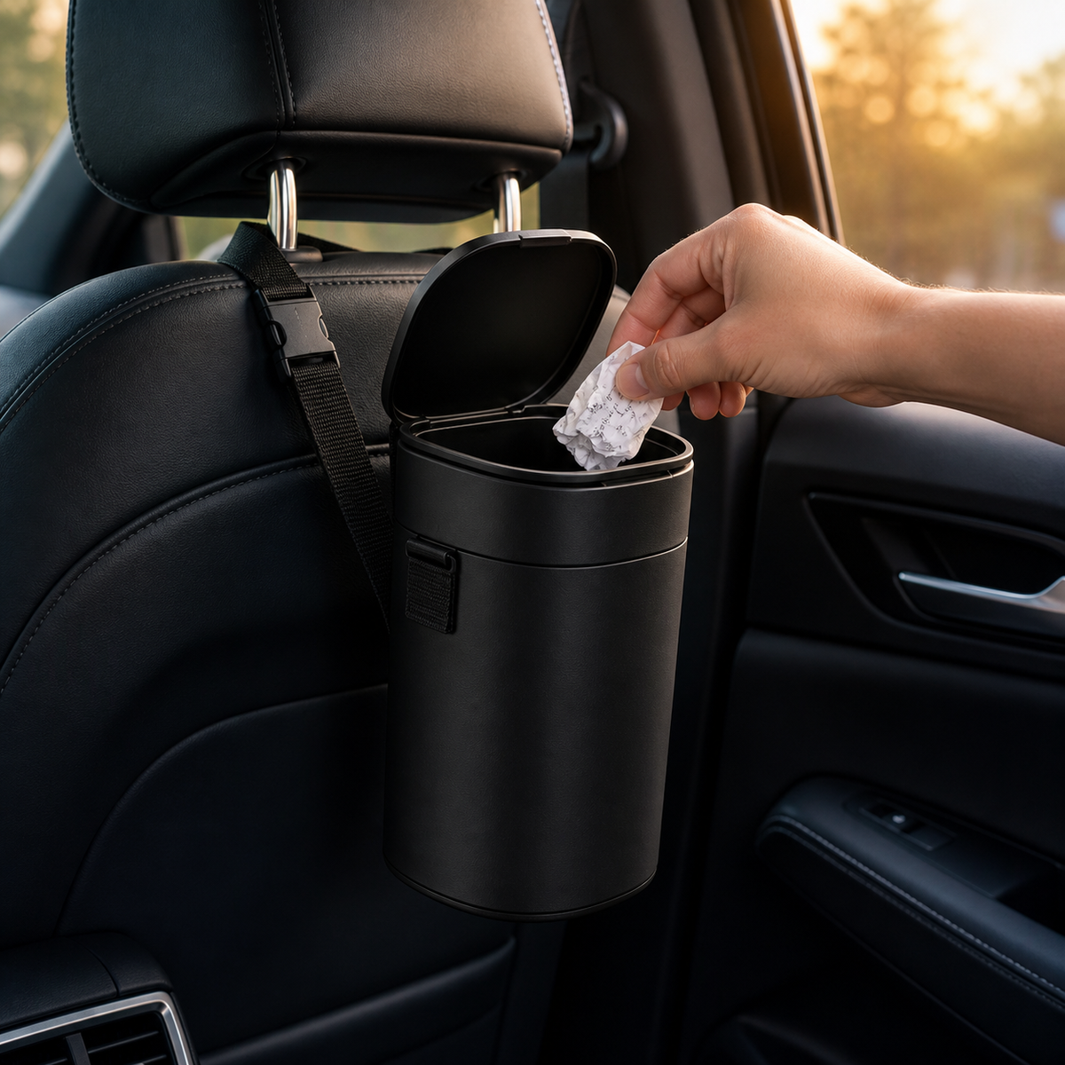 Hand placing a paper receipt into the open Car Trash Bin
