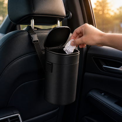 Hand placing a paper receipt into the open Car Trash Bin
