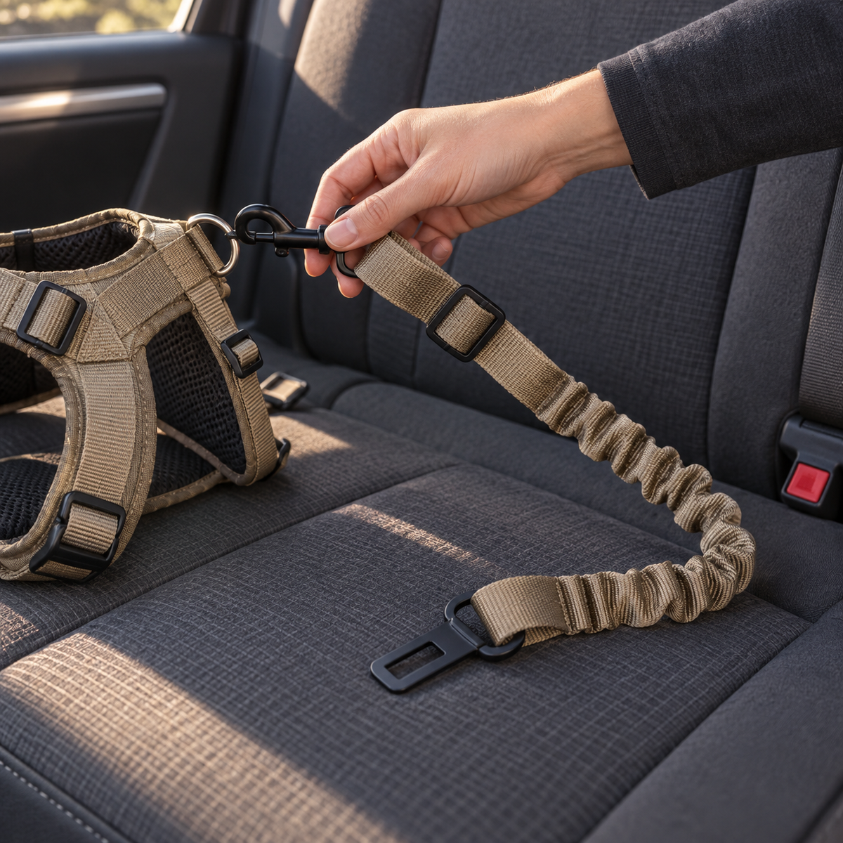 Adjustable Dog Car Tether in an illustrative everyday-use scene; styling props not included