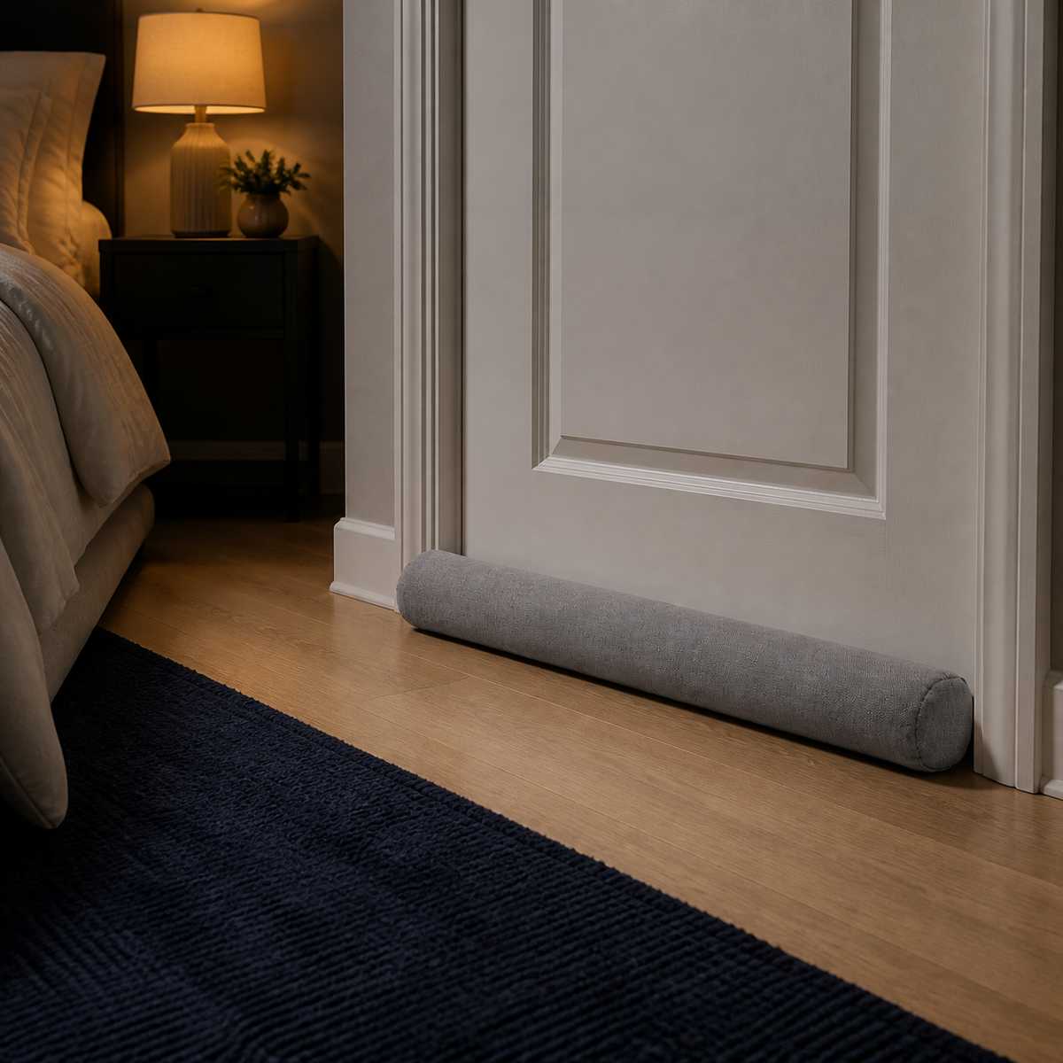 Soft gray Door Draft Blocker placed along a bedroom door