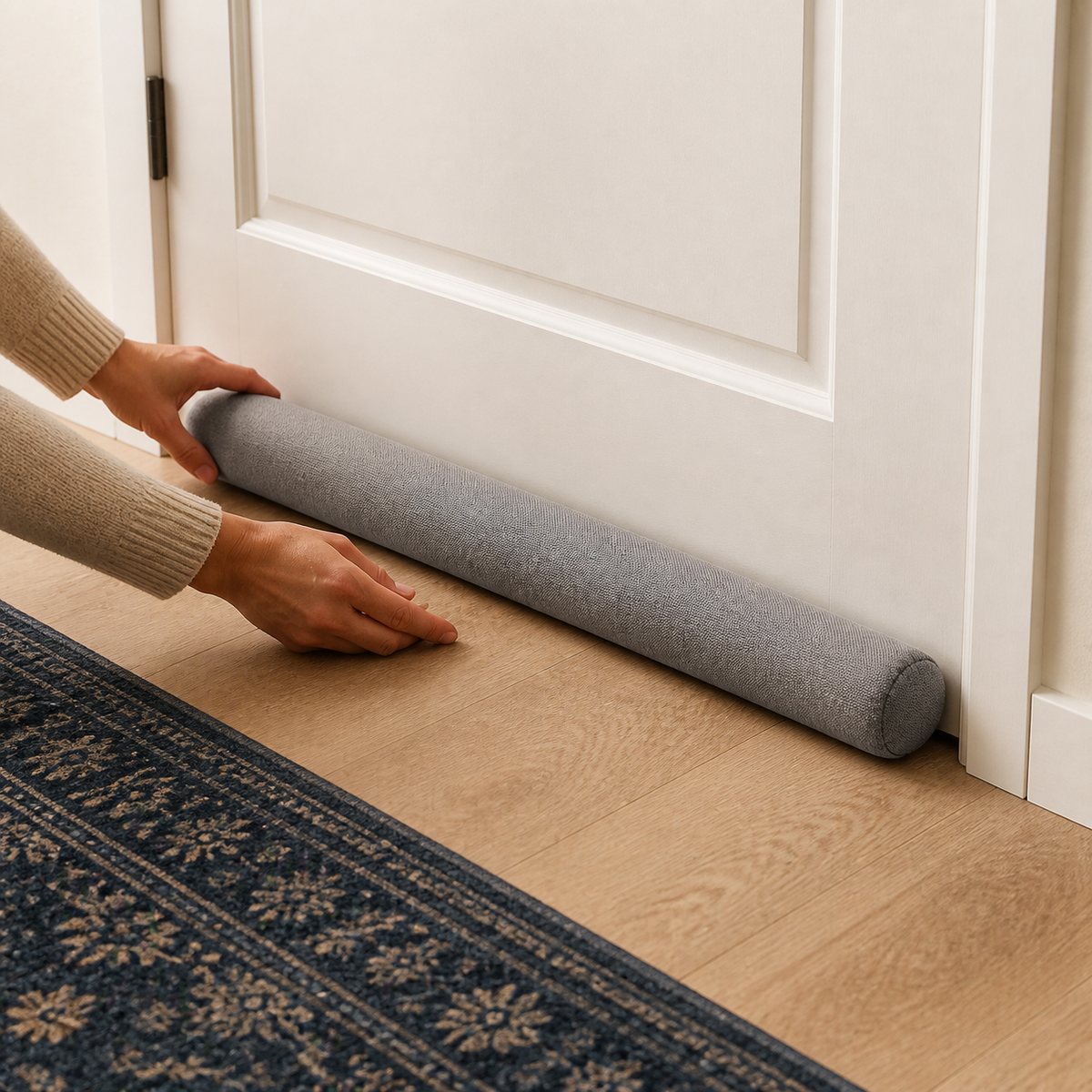 Hands placing the soft Door Draft Blocker along an interior door
