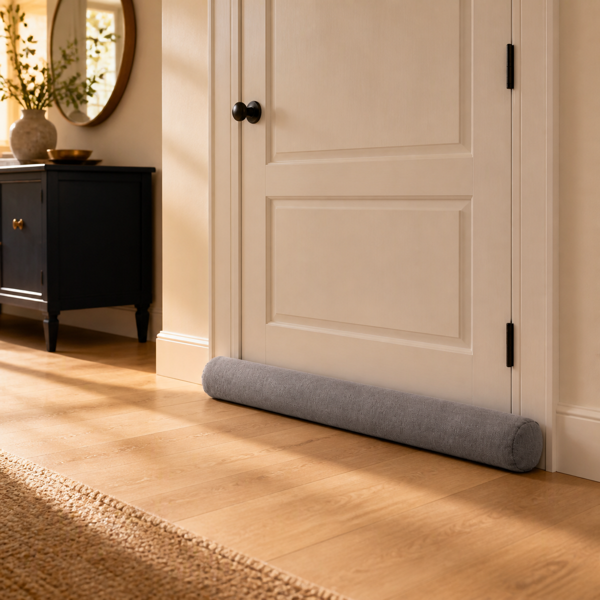 Gray fabric Door Draft Blocker placed along an entry door