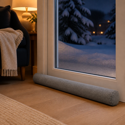 Gray Door Draft Blocker beside a patio door on a winter evening