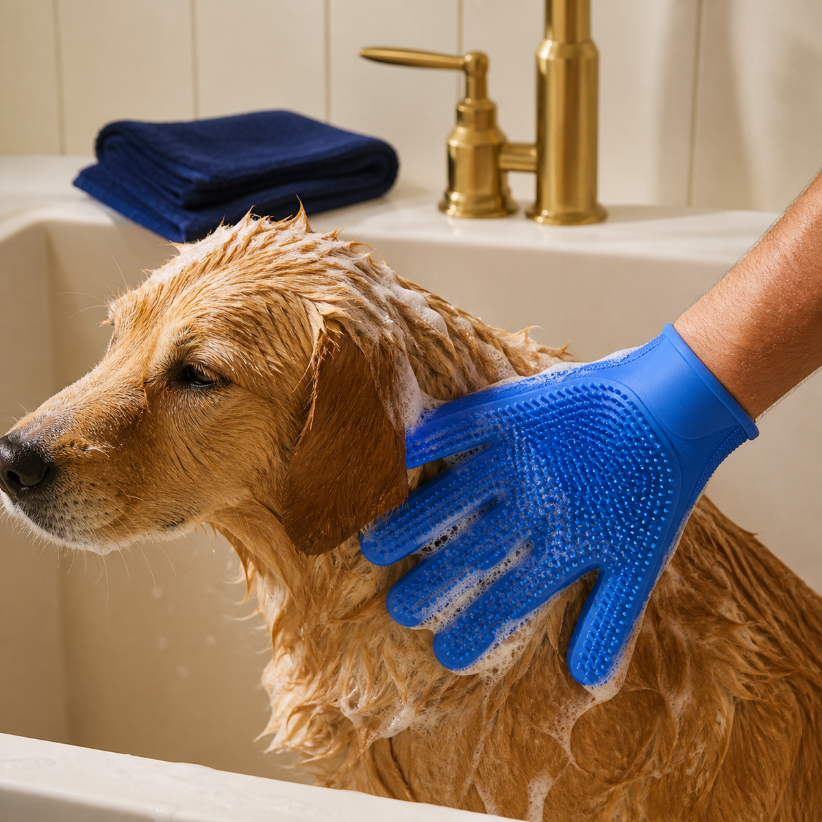 Pet Grooming Glove used during a dog bath