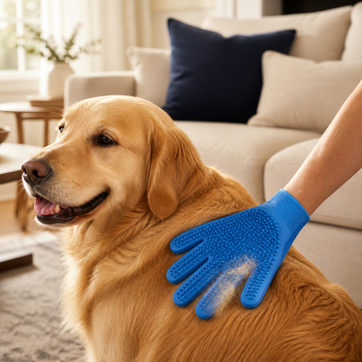 Gentle Pet Grooming Glove removing loose fur from a dog