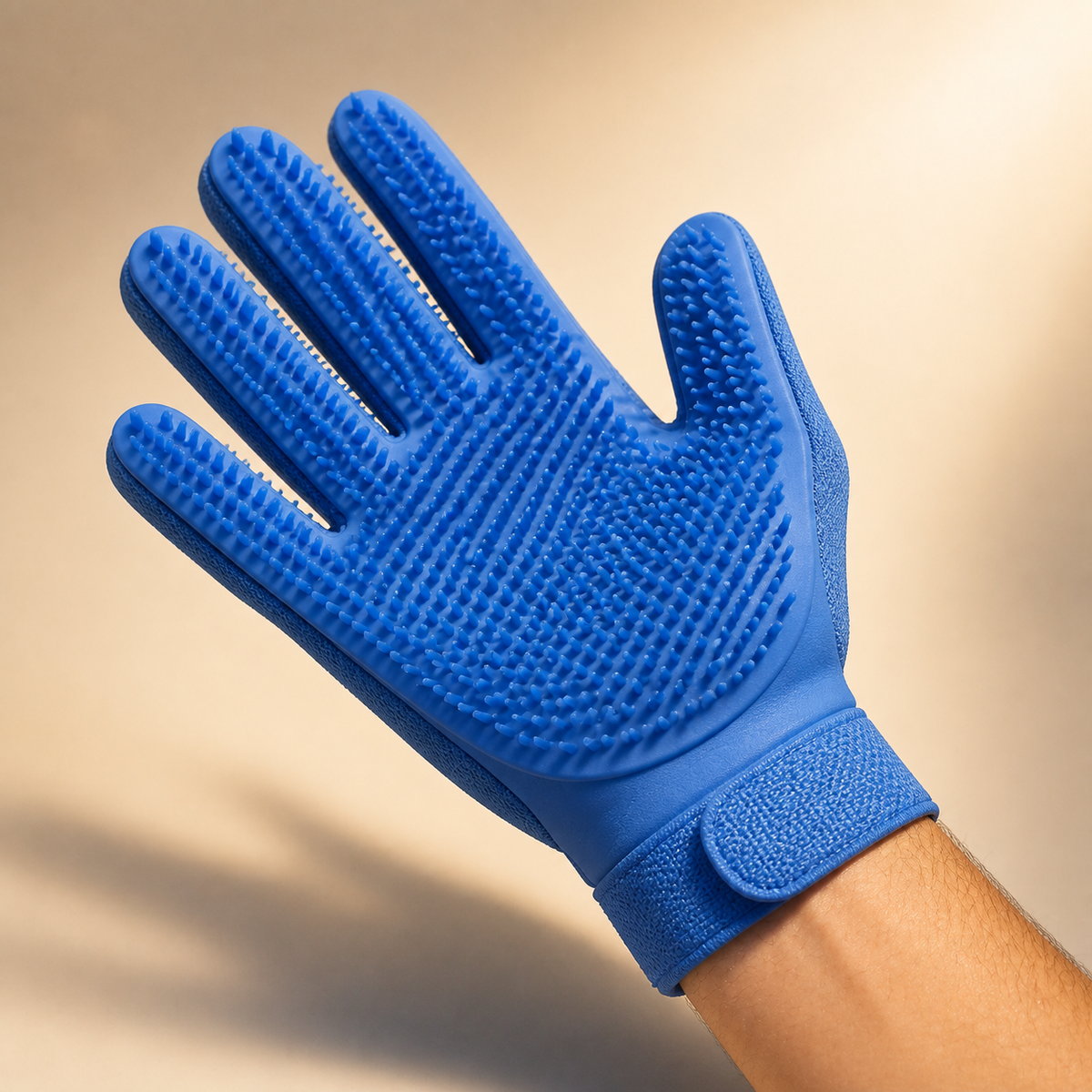 Adjustable wrist closure on the blue Pet Grooming Glove