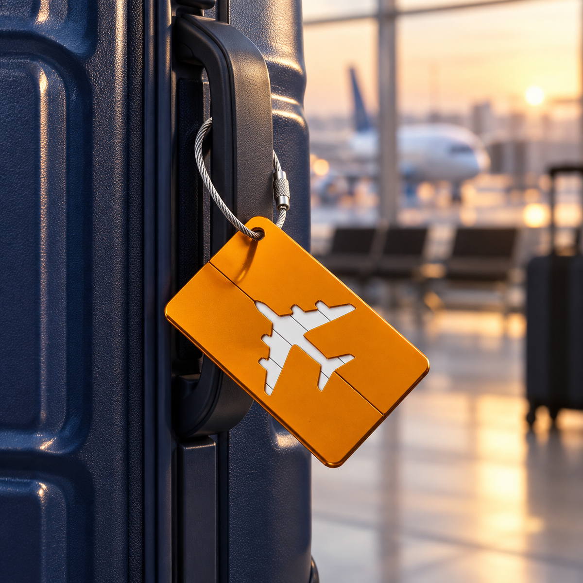 Aluminum Luggage Tag in an illustrative everyday-use scene