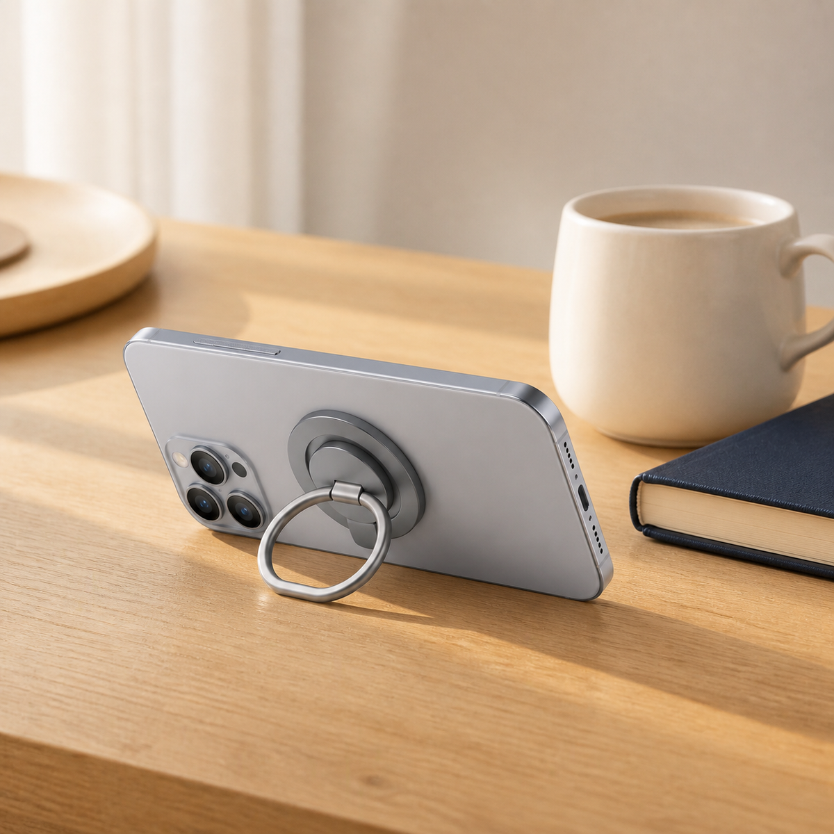Phone Grip and ring supporting a phone in landscape orientation