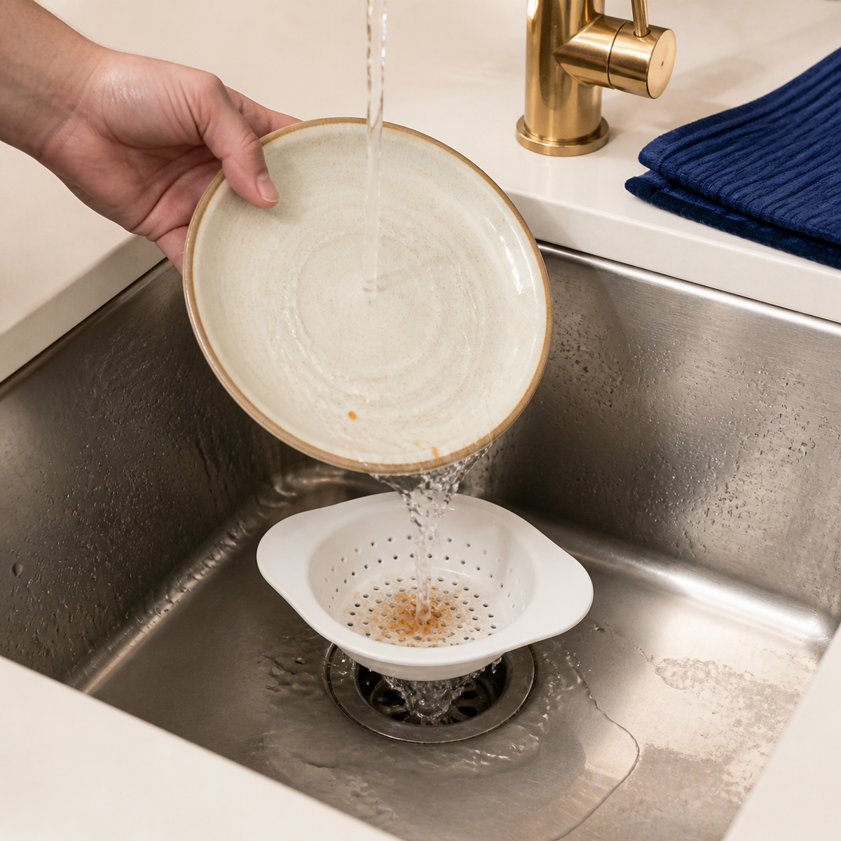 White sink strainer catching crumbs while a plate is rinsed