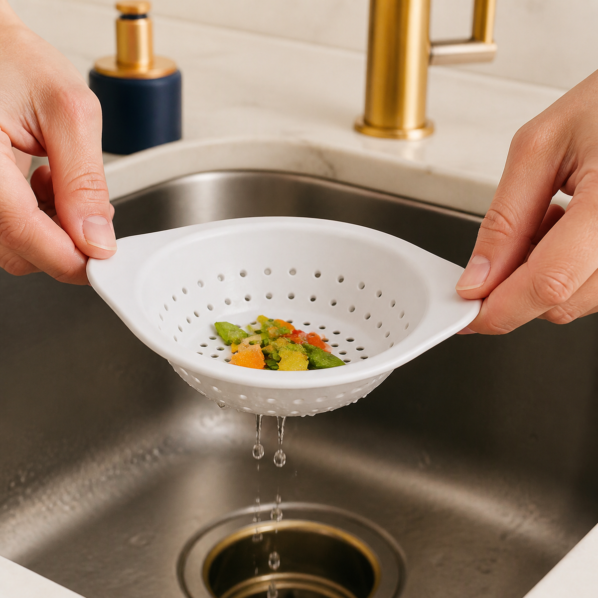 Hands lifting the white sink strainer by its side tabs